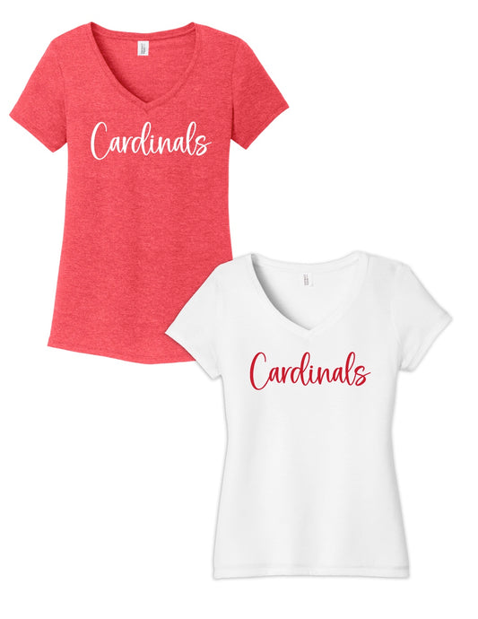 2024 - Tee - Women's Vneck with Curly Cardinals script - Red or Gray